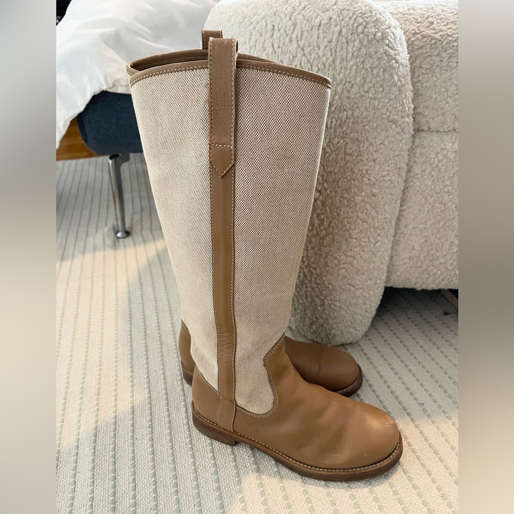 Marc Jacobs Tan Leather Cream Canvas Knee High Riding Boots